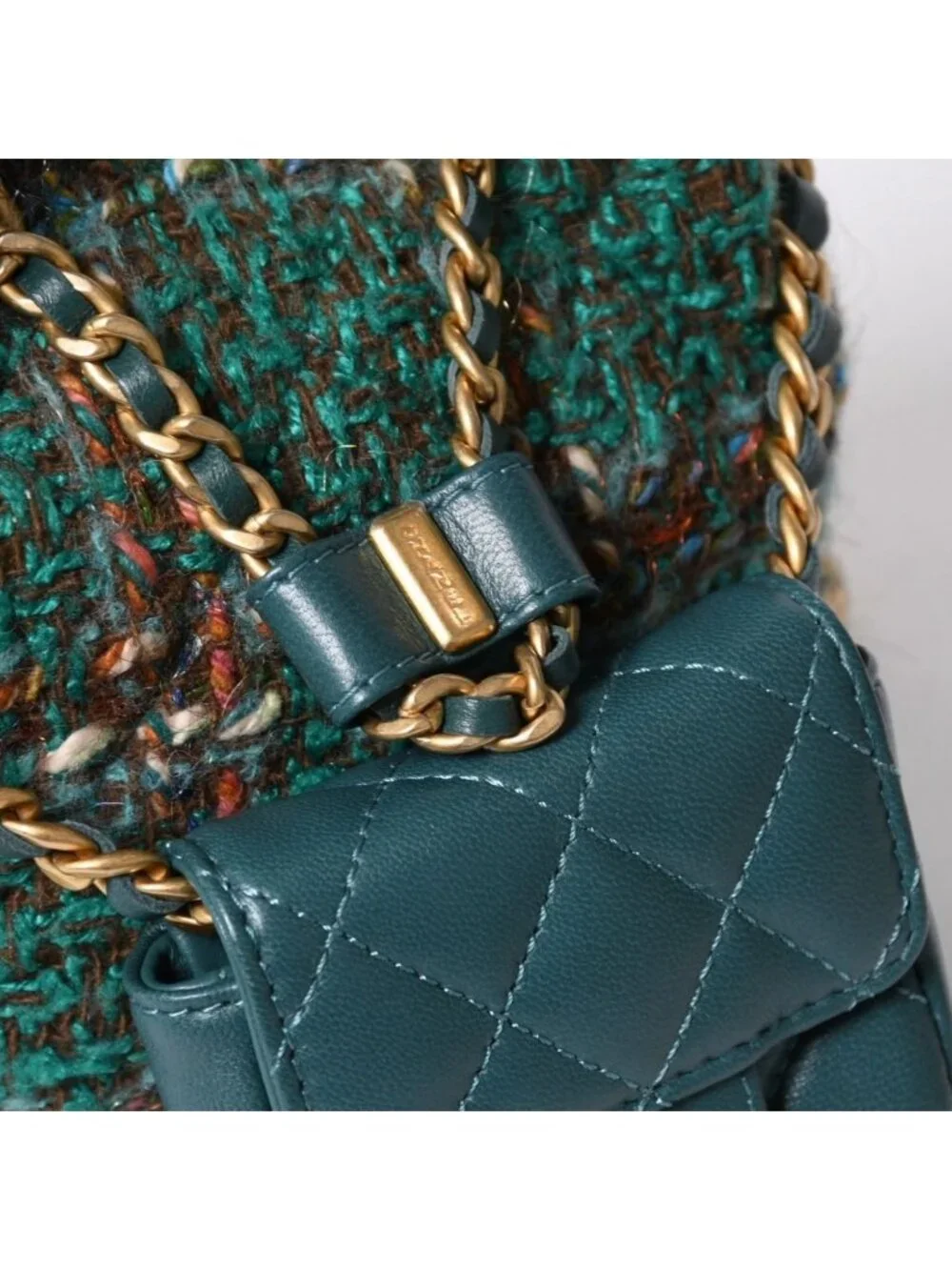 Chanel Small Backpack Base CC Logo Tweed Lambskin Green Gold